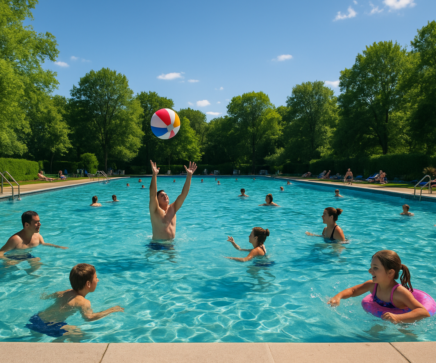 Menschen genießen ein Freibad im Saarland an einem sonnigen Tag